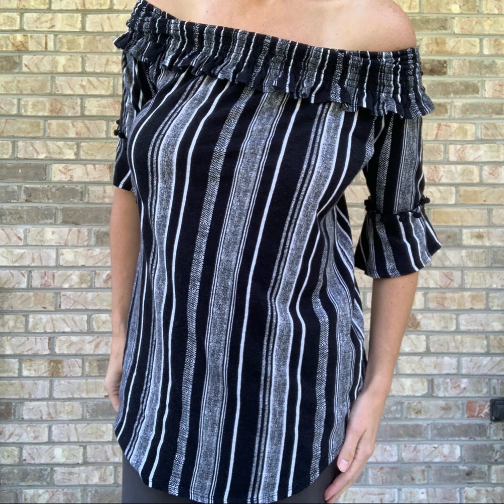 Off-shoulder Peasant Pompom Tunic